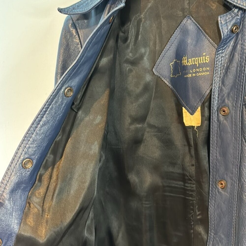 Vintage blue leather jacket snap closure shirt style fitted size S/M by Marquis - Picture 9 of 12